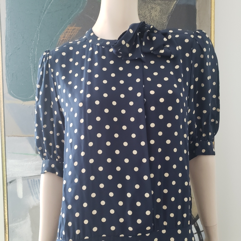 Albert Nipon | Silk Polka Dot Dress with Tie and Pleated Detail - Picture 3 of 16